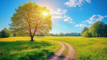 Idyllic Countryside Landscape with Tree and Path