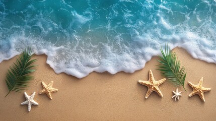 Starfish and Palm Leaves on Sandy Beach