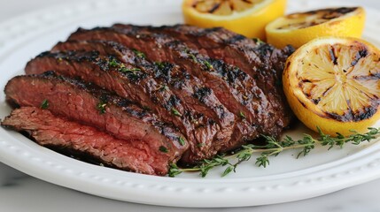 Juicy flank steak with crisp grill marks