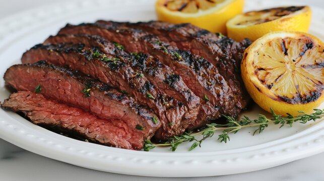 Juicy flank steak with crisp grill marks