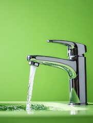  Modern Chrome Faucet with Flowing Water on Green Background