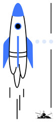 Rocket ascending with smoke trails accompanied by abstract dots and lines. Ideal for innovation, startup, progress, achievement, exploration, success, future vision. Flat simple metaphor
