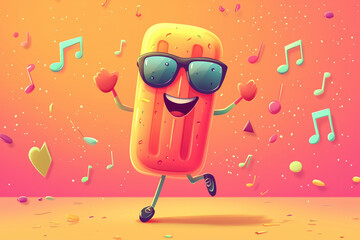Fototapeta premium Cartoon Popsicle with Sunglasses, Dancing, Music Notes, and Colorful Background