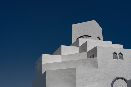 View of modern geometric architecture with clean lines and minimalist design, Al Souq, Doha, Qatar.