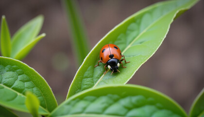 Fototapeta premium Bright red ladybug on a vibrant green leaf with intricate details in spring setting