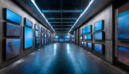 Obraz premium Cold concrete walls embedded with flickering LED lights, creating an industrial, urban atmosphere with a sense of modern decay and technological interruption, casting sharp shadows and bright glows. 