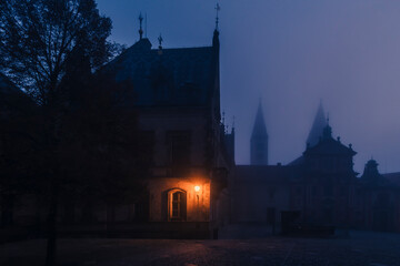 View of Prague Castle shrouded in mist at twilight with gothic spires, Prague, Bohemia, Czechia.