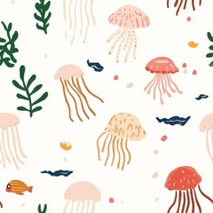 Seamless shoreline pattern featuring soft jellyfish gracefully floating in tranquil waters.