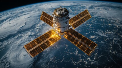 A satellite orbits Earth, gathering telemetry and monitoring cosmic radiation. Solar panels reflect light while the spacecraft facilitates advanced astrophysics research from space.