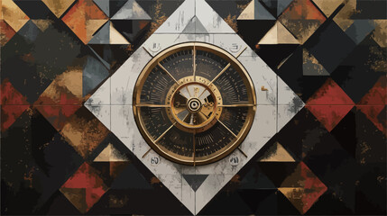Obraz premium The image is a digital illustration featuring a symmetrical composition. A central circular mechanism with bronze-colored gears and a gold-toned frame is prominently displayed against a background