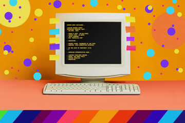 Stylish old PC with CRT monitor and keyboard on bright background