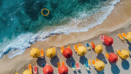 Aerial View of Vibrant Beach Umbrellas
