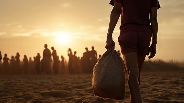 A powerful image depicting the humanitarian crisis of refugees and migration. A group of displaced people waits under the setting sun, with a person in the foreground holding a sack. A symbolic scene 