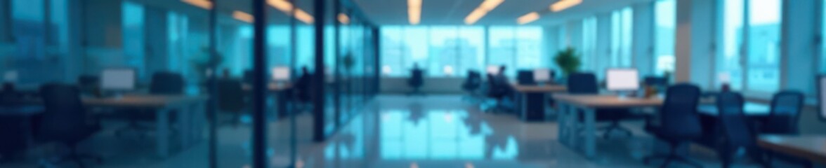 Abstract blue blurred office interior, modern design, bokeh effect, shade, abstract