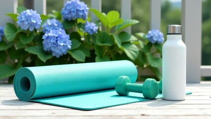 Sports mat, dumbbells and water bottle on spring flowers background