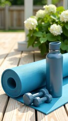 Sports mat, dumbbells and water bottle outdoors on wooden background