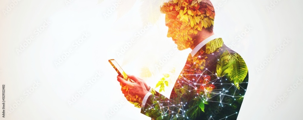 Poster a man using a device overlaid with natural elements
