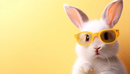 cute white rabbit wearing yellow sunglasses on a solid co