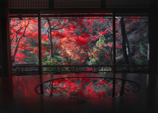 View of tranquil autumn scene with vibrant red leaves and serene reflection from a window, Arashiyama, Kyoto, Japan.