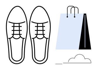 Pair of outlined shoes next to a shopping bag with modern design. Ideal for retail, fashion shopping, branding, footwear, online stores, minimalism, trendy consumerism. Flat simple metaphor