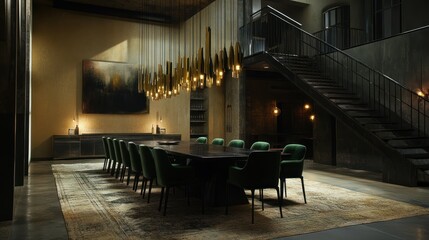 Luxury dining room, modern mansion, elegant interior, industrial background, stock photo