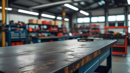 Industrial mechanic space with rugged workbench in sharp focus.