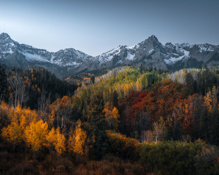 View of Mears Peak surrounded by vibrant autumn colors and majestic mountains, Ridgway, Colorado, United States.