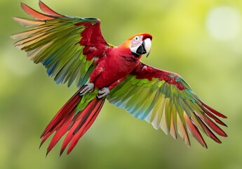 Fototapeta premium Red And Green Macaw In Flight Against Green Blurred Background