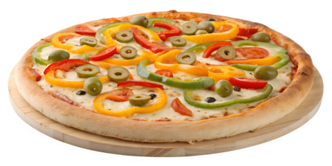 Veggie pizza topped with colorful bell peppers and olives on a wooden board, perfect for a healthy meal PNG   transparent stickers,