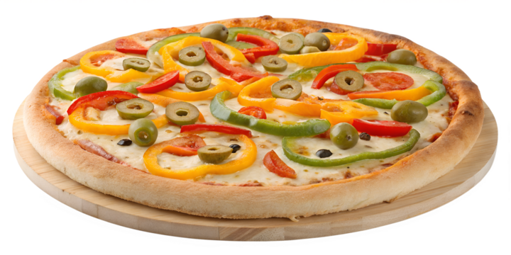 Veggie pizza topped with colorful bell peppers and olives on a wooden board, perfect for a healthy meal PNG   transparent stickers,