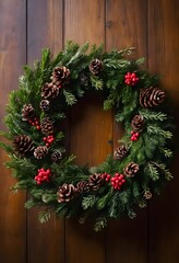The image is of a wreath made of pine cones and red berries hanging on a wooden wall. The wreath is made up of a garland of green leaves and pine cones, with small red berries scattered throughout. Th