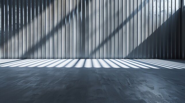 A concrete floor with light casting parallel lines from a corrugated metal wall.