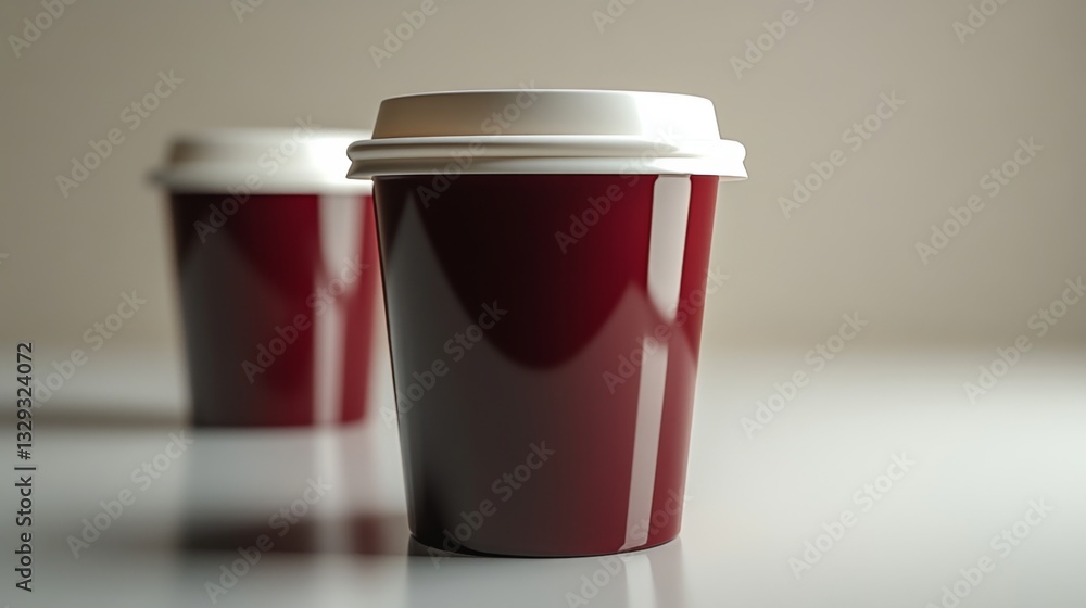 Poster two red cups with white lids are positioned on a clean surface, reflecting warm light in a cozy indo