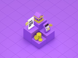 Obraz premium Financial Stairway: A collection of financial symbols, including a tax form, coins, a calculator, and a building, sits atop a purple geometric structure, conveying concepts of taxes, banking.