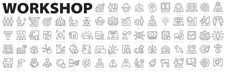 Workshop big icon set. Team building, collaboration, teamwork, coaching, problem-solving, education, training, business, partnership, goals, coaching and more. Vector illustration