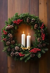 The image is of a Christmas wreath hanging on a wooden wall. The wreath is made up of green leaves, pine cones, and red berries. There are two white candles in the center of the wreath, with a gold ri