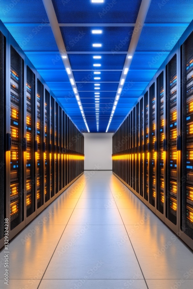 Poster symmetric futuristic data server hallway glowing with blue and orange lights reflecting high speed i