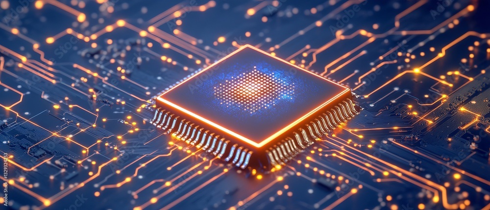 Poster glowing ai microchip on circuit board with futuristic neon lights showcasing artificial intelligence