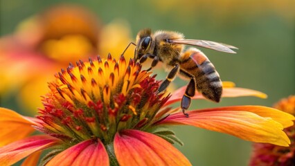 Fototapeta premium Zoom-in nature details Zoomed-in image of a honeybee collecting pollen, highlighting nature's intricate details and textures in wildlife. Macro texture wildlife.