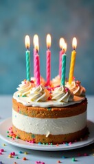 Birthday cake with candles, colorful sprinkles, blueberry, number