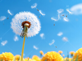 dandelion seeds blowing in the wind against a blue sky background. a daffodil seed is flying away from its stem