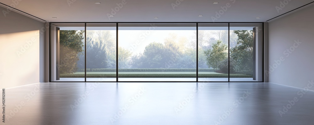 Poster a large empty room with a panoramic view of nature outside