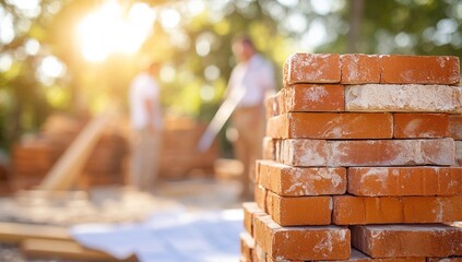Workers Build a Structure with Red Bricks Outdoors on Sunny Day