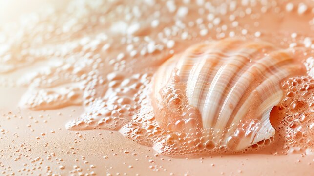 A seashell in a bubbly, pink liquid.