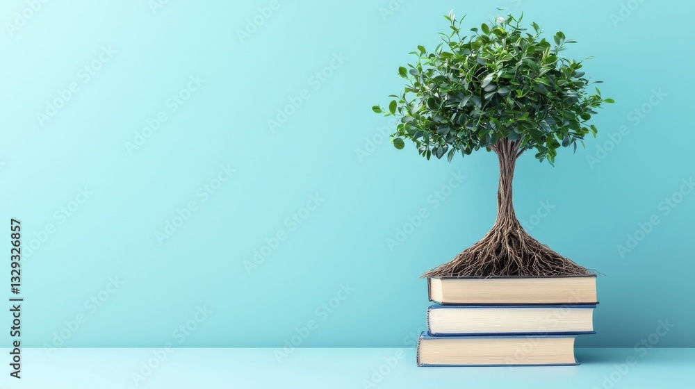 Aufkleber a visual metaphor of a tree with its roots in books and its branches in the sky.