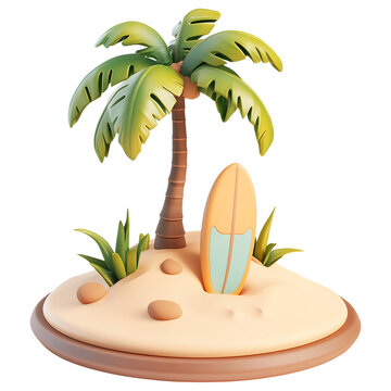 Tropical island 3d composition with palm tree beach chair and parron with starfish on transparent background