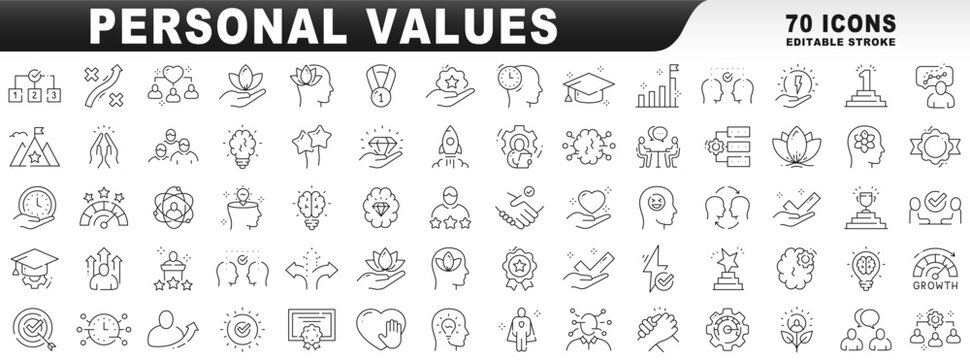Big set of personal values related line icons. Editable stroke.