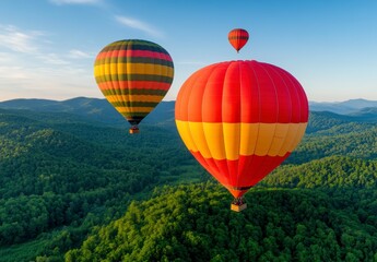 Fototapeta premium Red and Yellow Hot Air Balloons Soaring Over Lush Green Hills Under a Clear Blue Sky