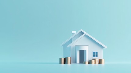 A simple house model, coins, with a light blue roof and a solid pastel background. The illustration is in an isometric, using a clay material and a white color palette.