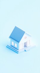 A simple house model, coins, with a light blue roof and a solid pastel background. The illustration is in an isometric, using a clay material and a white color palette.